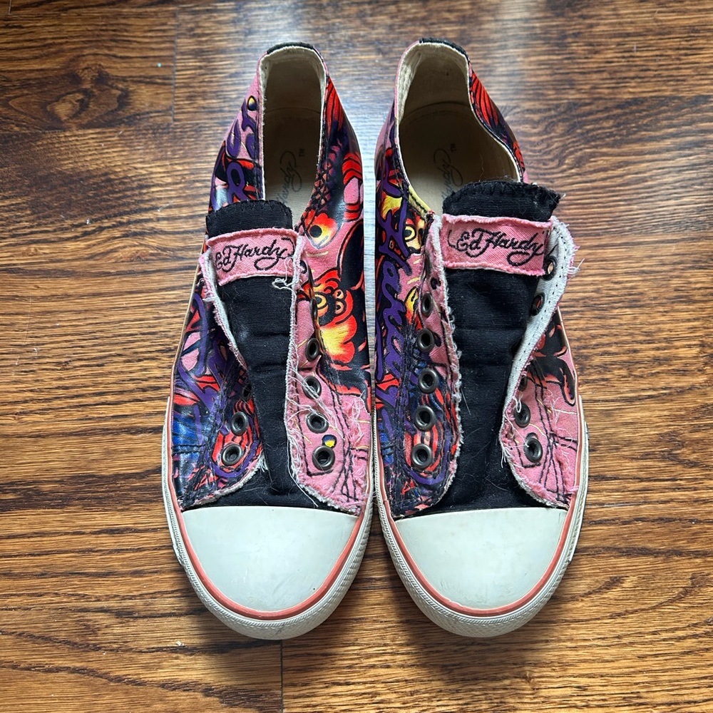 Ed Hardy Pink and Black Koi Slip-on Sneakers